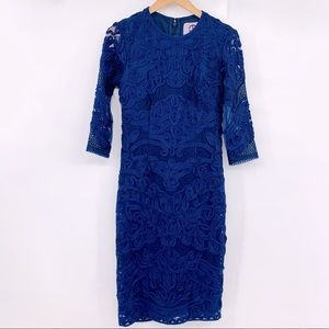 JS COLLECTION blue long sleeve lace pencil dress size 6